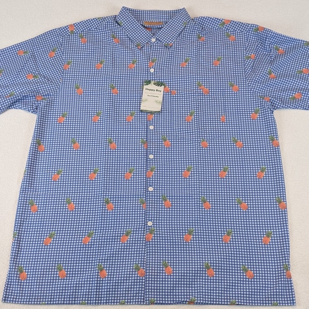 Happy Bay Men's Gingham Pineapple Print Button Down Shirt Size 2XL Eco Friendly